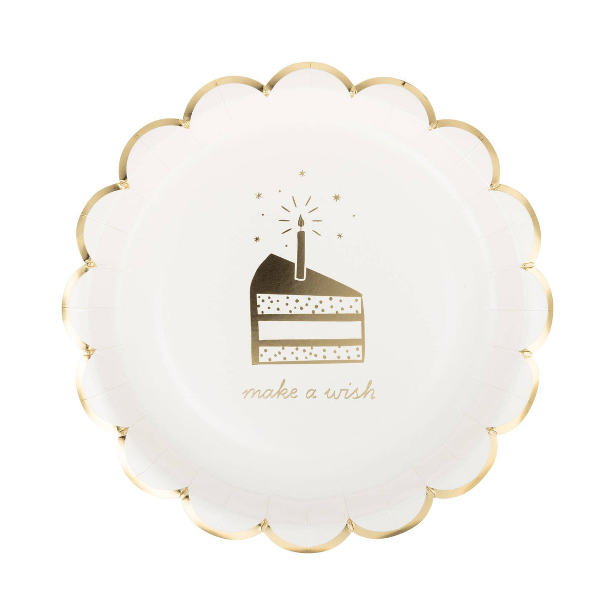 A round white paper party plate with a scalloped gold rim, featuring a gold illustration of a birthday cake slice with a lit candle and the words 'make a wish' printed below.