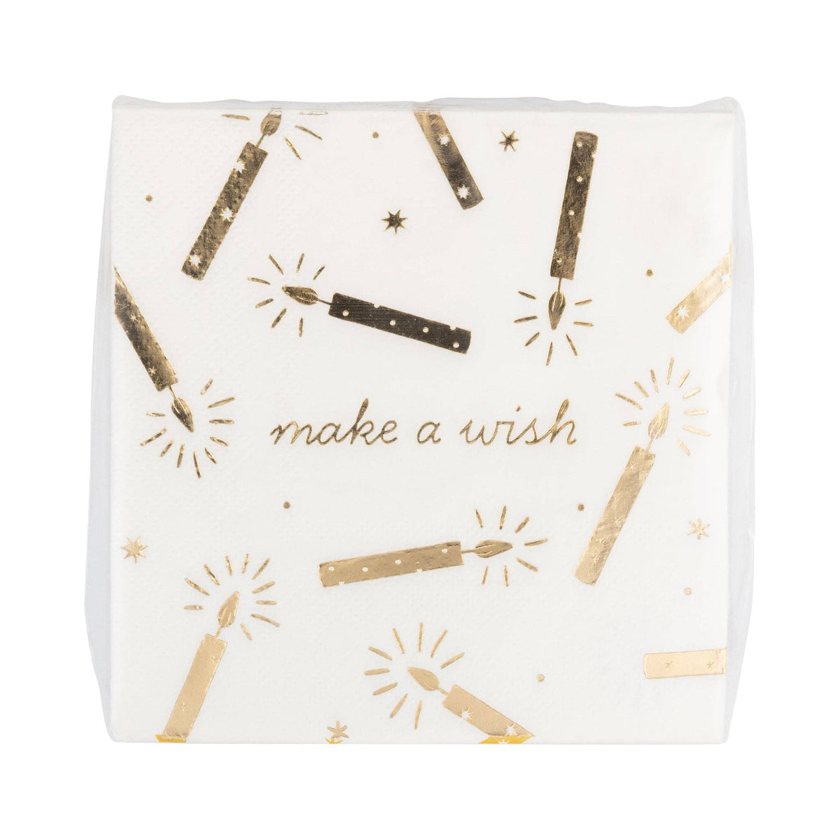 A square white paper napkin featuring a gold foil print of sparklers, stars, and the phrase 'make a wish' in elegant script.