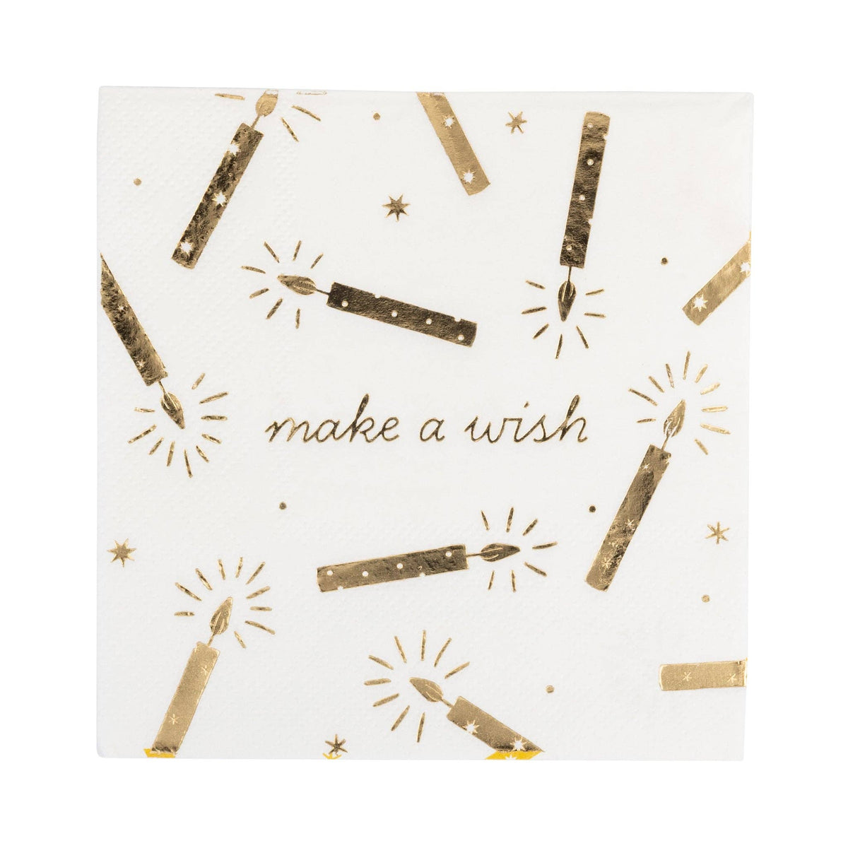 A square white paper napkin featuring a gold foil print of birthday candles, sparkles, and the words 'make a wish' in gold script.