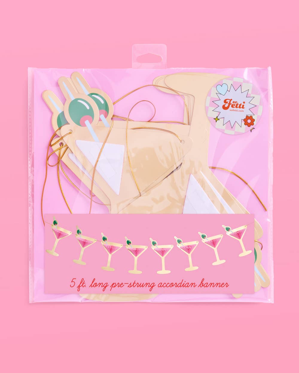 Accordian banner packaging with cocktail design on a pink background