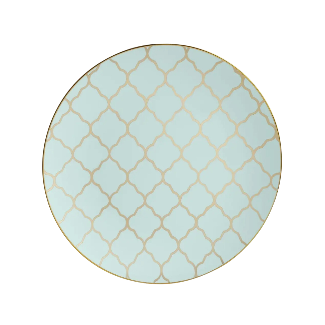 Round Mint Plastic Plates with Gold Lattice Pattern - 2 Sizes Available