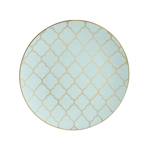 Round Mint Plastic Plates with Gold Lattice Pattern  | 10 Pack - Available Sizes: 7.5" and 10.25"