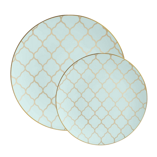 Round Mint Plastic Plates with Gold Lattice Pattern - 2 Sizes Available