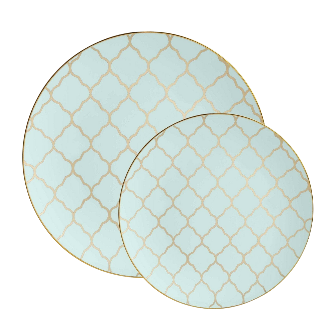 Round Mint Plastic Plates with Gold Lattice Pattern  | 10 Pack - Available Sizes: 7.5" and 10.25"