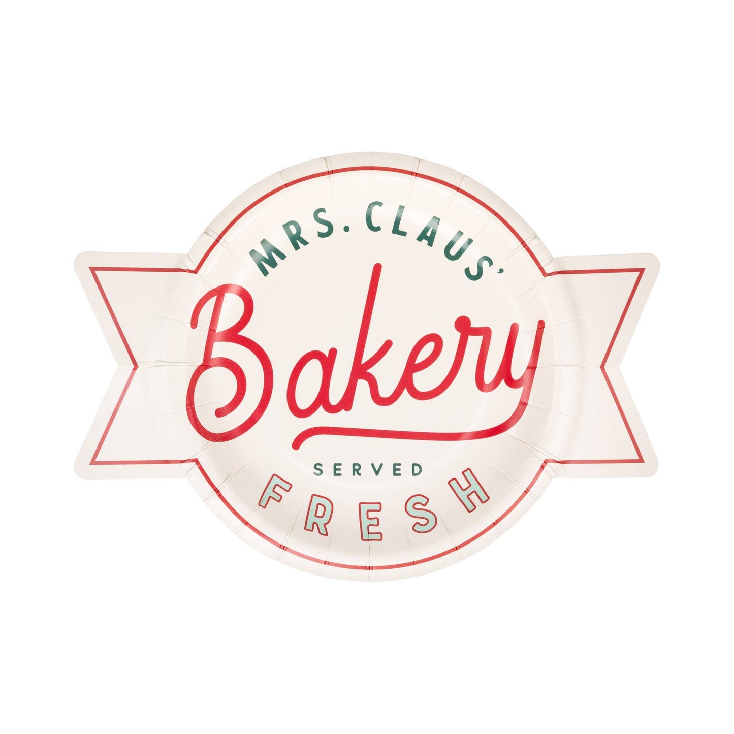 Paper plate in the shape of a logo of Mrs. Claus' Bakery with a decorative border on a white background.