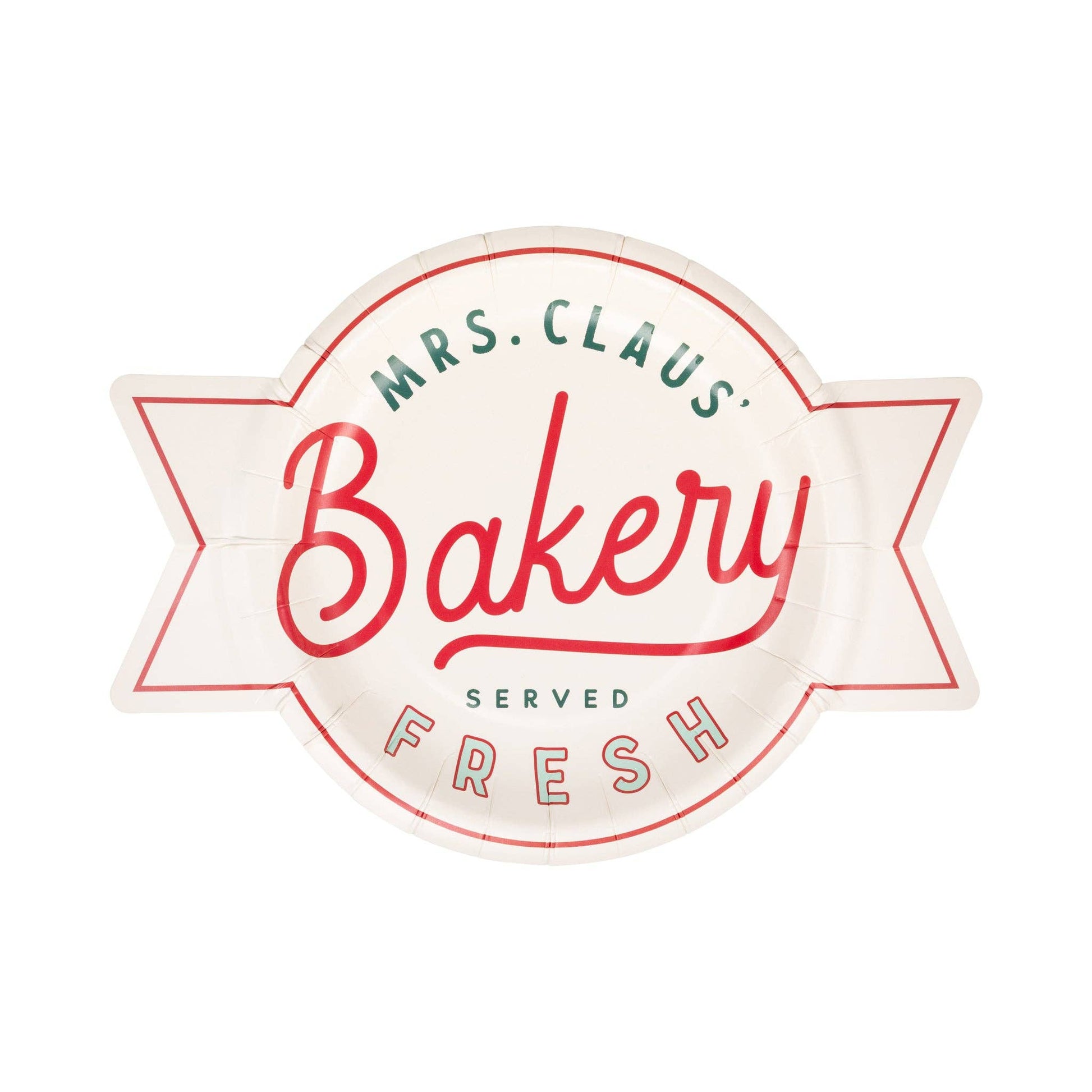 Paper plate in the shape of a logo of Mrs. Claus' Bakery with a decorative border on a white background.