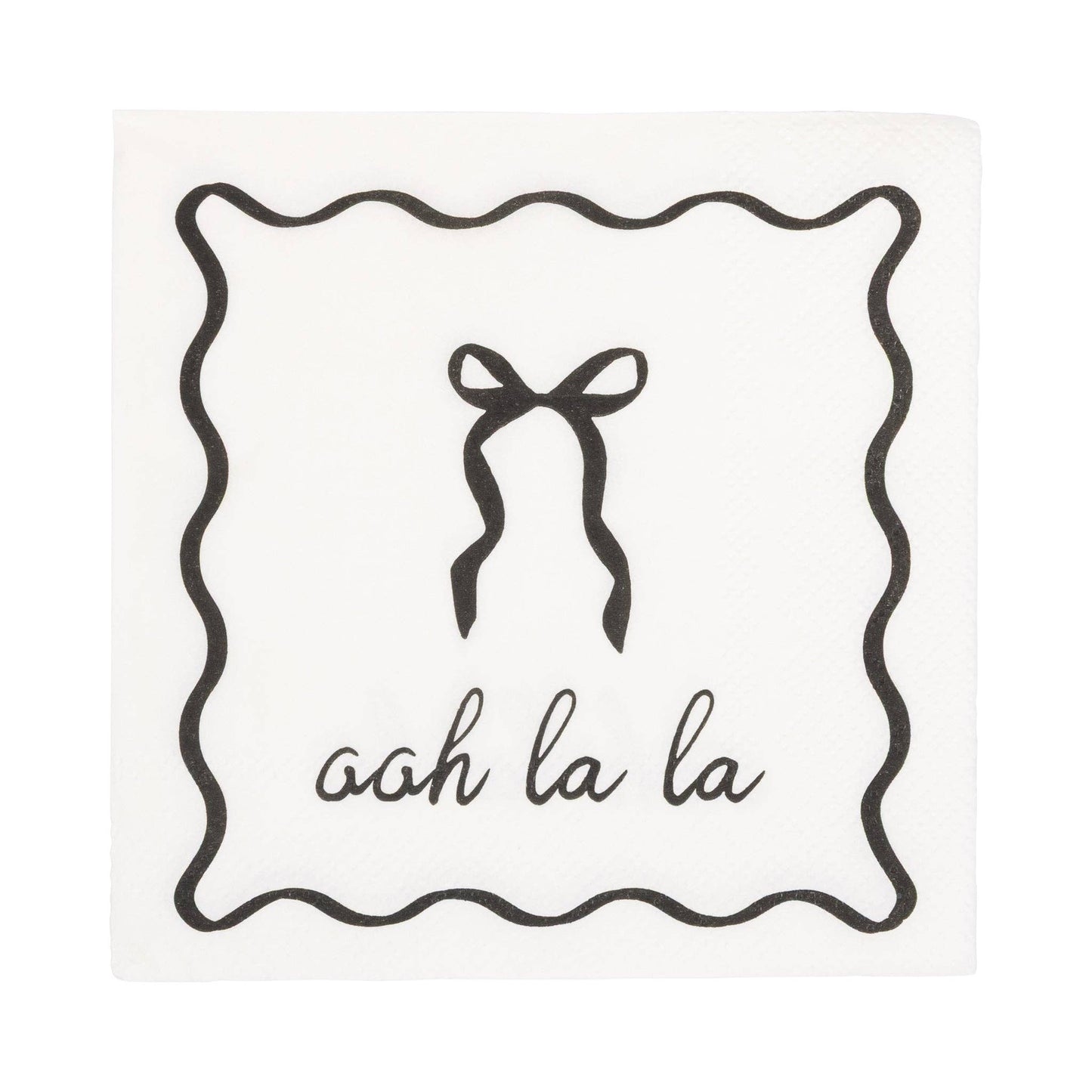 Black and white cocktail napkin with a bow and 'ooh la la' text on a white background.