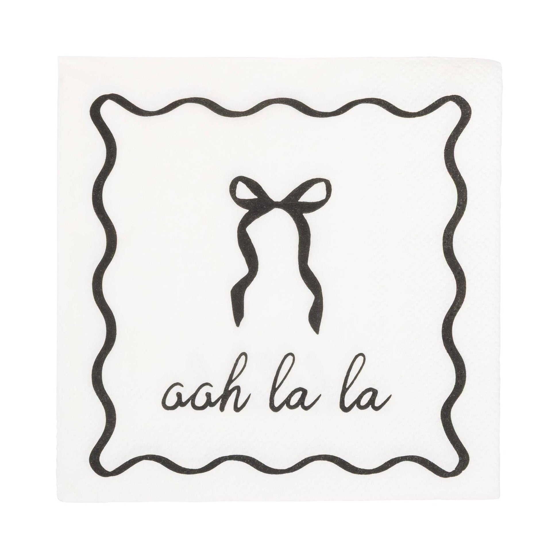 Black and white cocktail napkin with a bow and 'ooh la la' text on a white background.