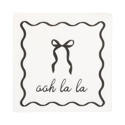 Black and white cocktail napkin with a bow and 'ooh la la' text on a white background.