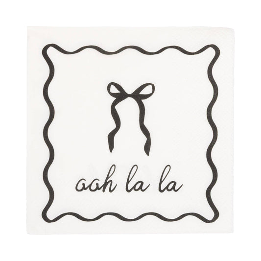 Black and white cocktail napkin with a bow and 'ooh la la' text on a white background.