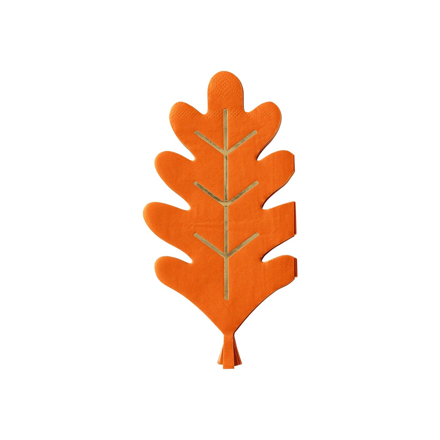 Orange leaf-shaped paper napkin with gold foil detail on a white background.