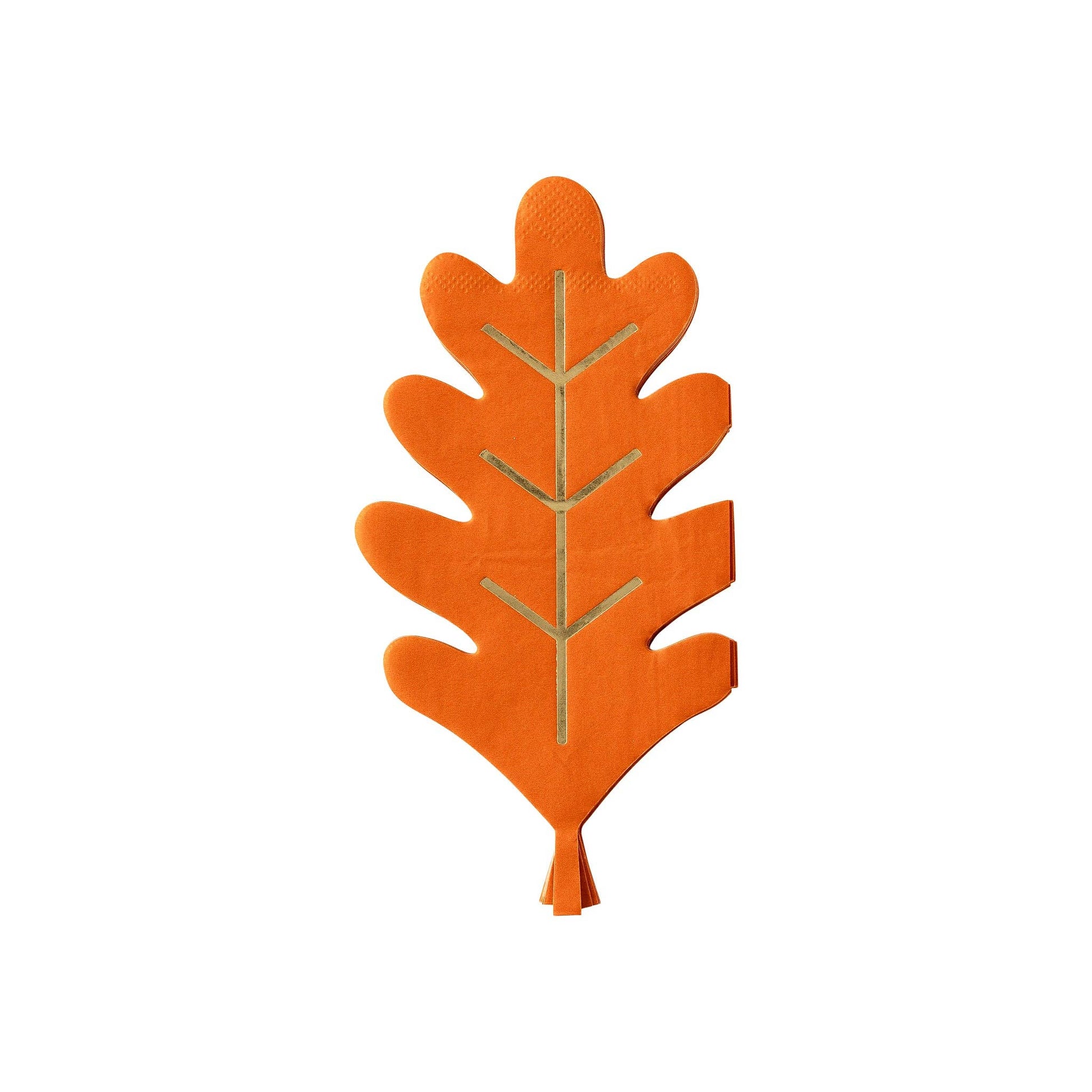Orange leaf-shaped paper napkin with gold foil detail on a white background.