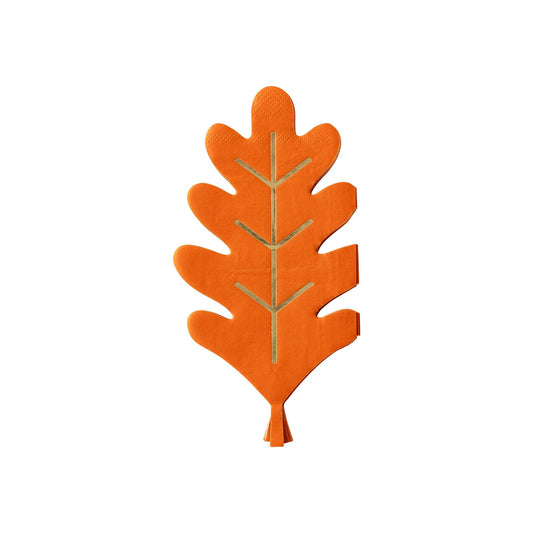 Orange leaf-shaped paper napkin with gold foil detail on a white background.