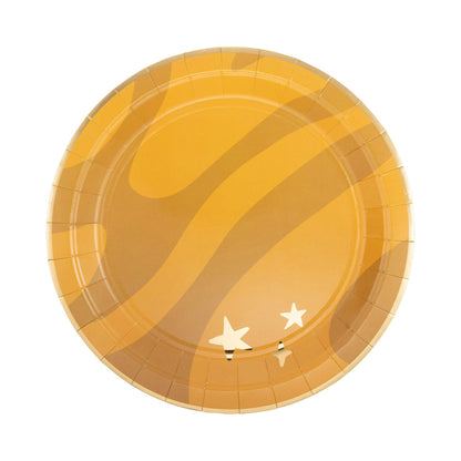Round paper plate with planet design and stars on a white background