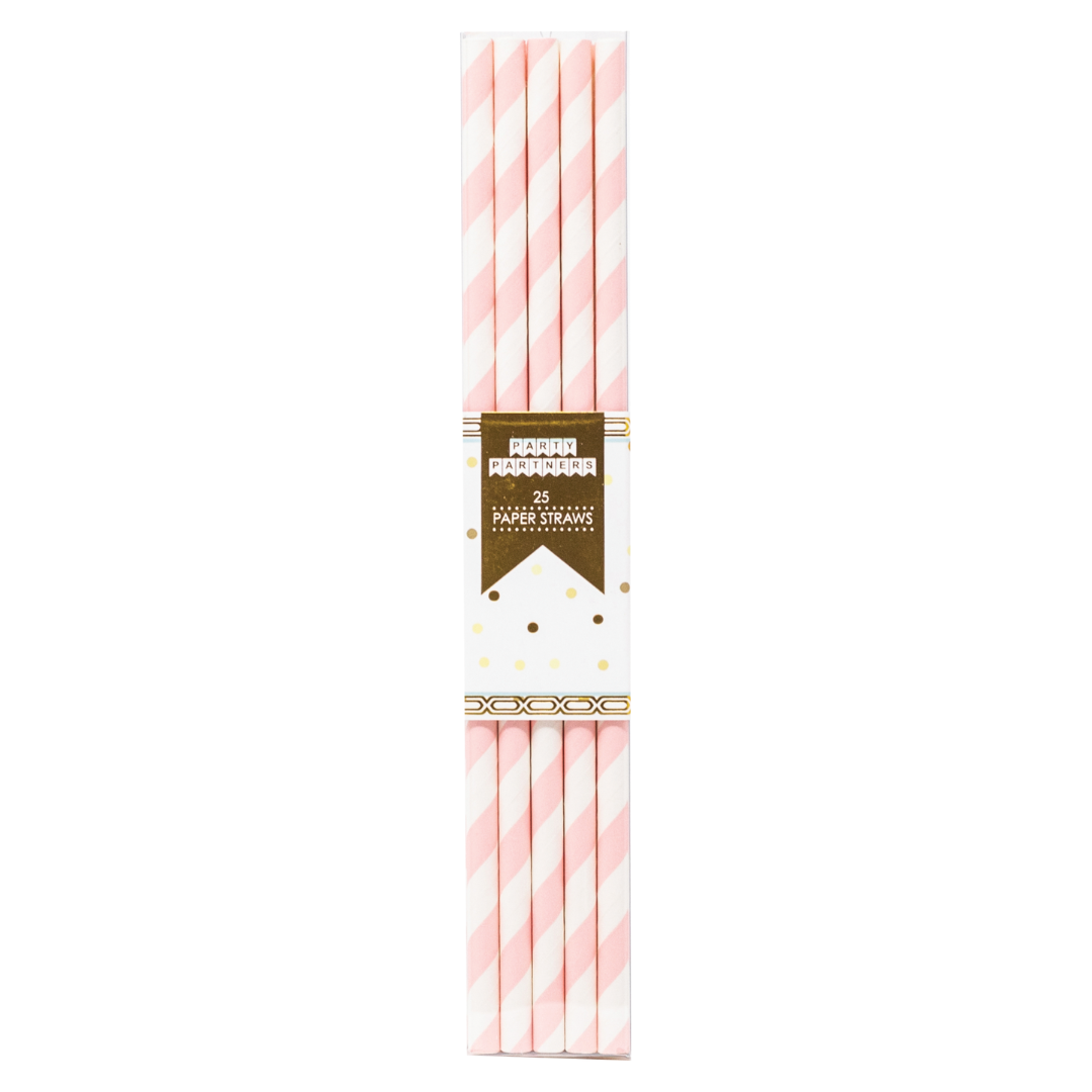 Pale Pink Striped Paper Straws - 25pk