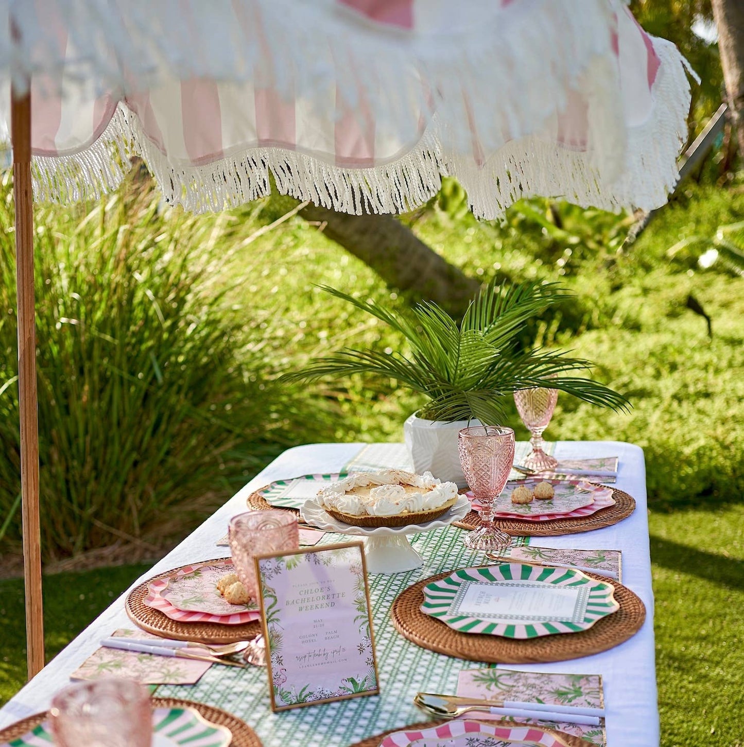 Outdoor table setting with plates, glasses, and a cake under a striped umbrella on a grassy background.