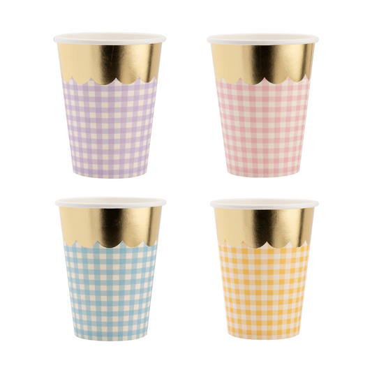 Gingham Assorted Pastel Cups with Gold Foil - 8pk