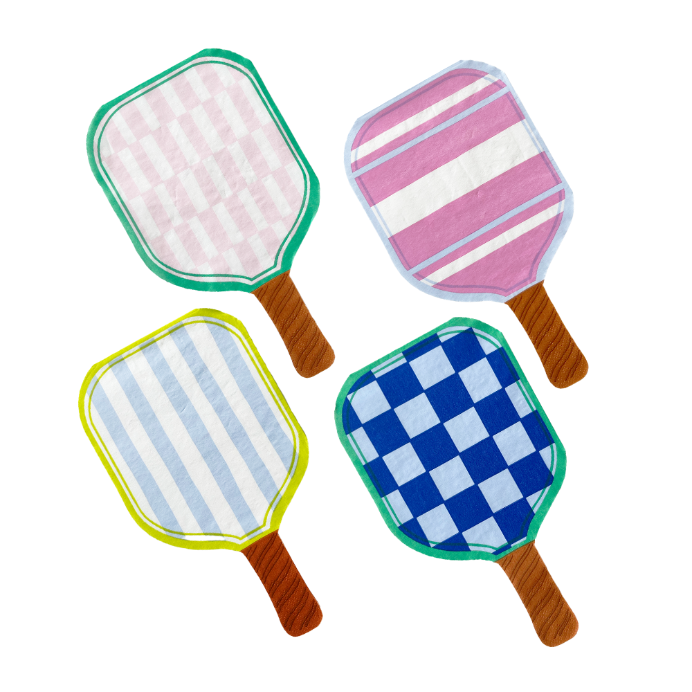 A set of four die-cut guest napkins in assorted designs featuring colors and patterns related to pickleball equipment.