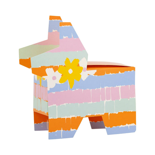 A colorful pinata-shaped treat box with floral patterns and a yellow flower decoration on the front.