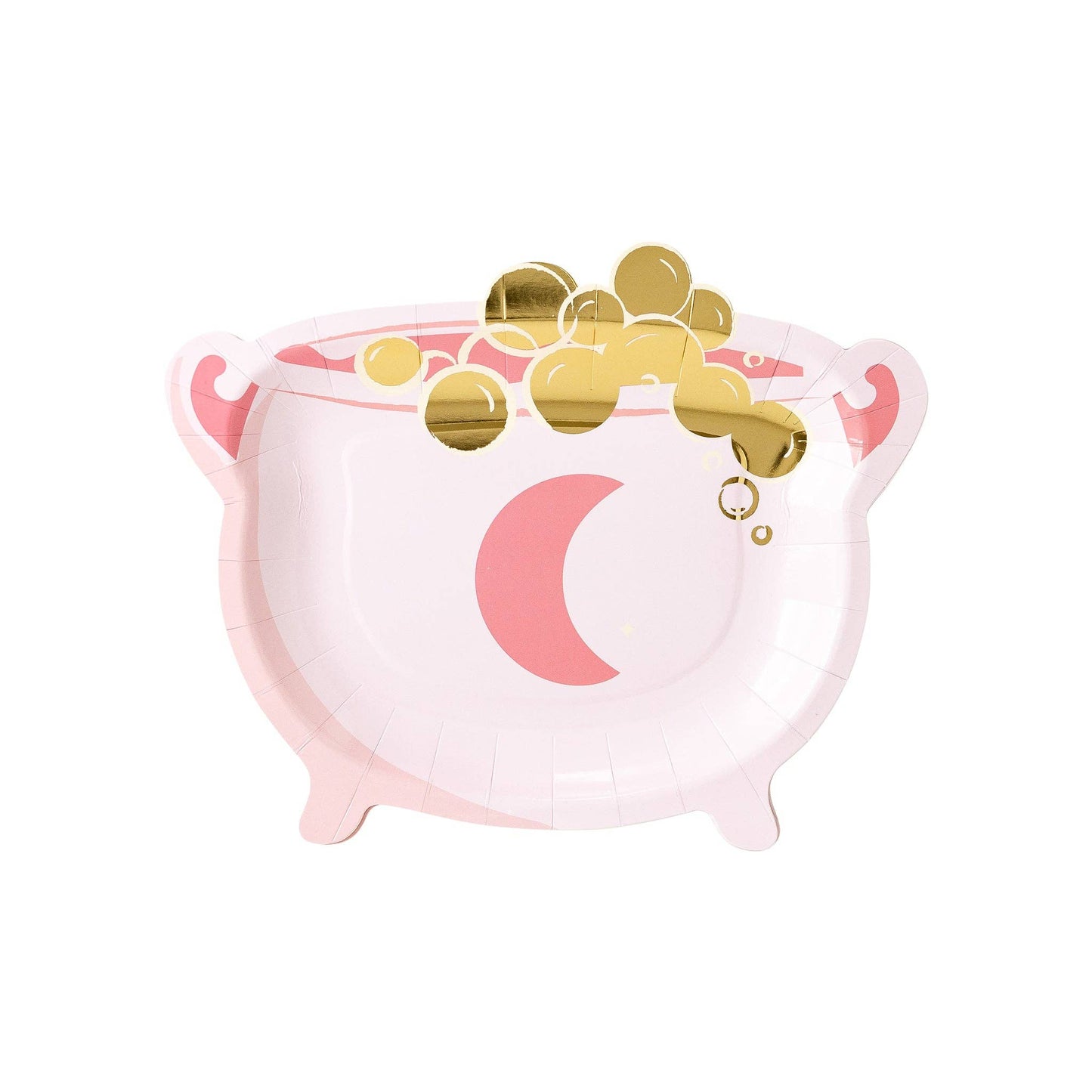 Pink cauldron-shaped paper plate with gold foil bubbles and a dark pink crescent moon.