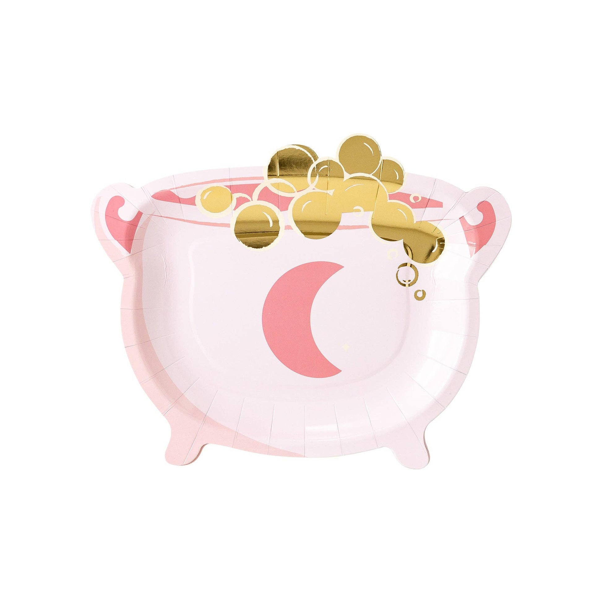 Pink cauldron-shaped paper plate with gold foil bubbles and a dark pink crescent moon.