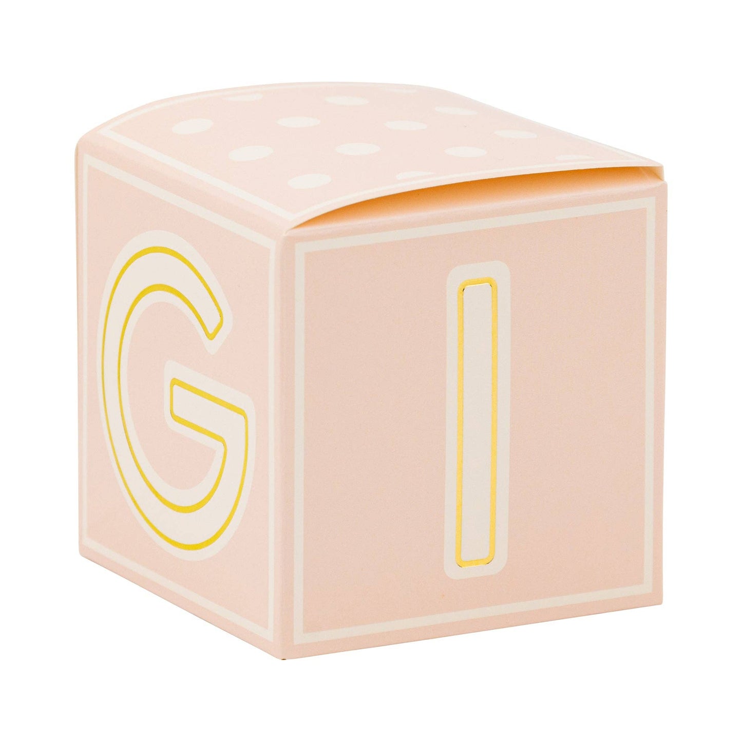 Pink baby block with yellow letters 'G' and 'I' on a white background