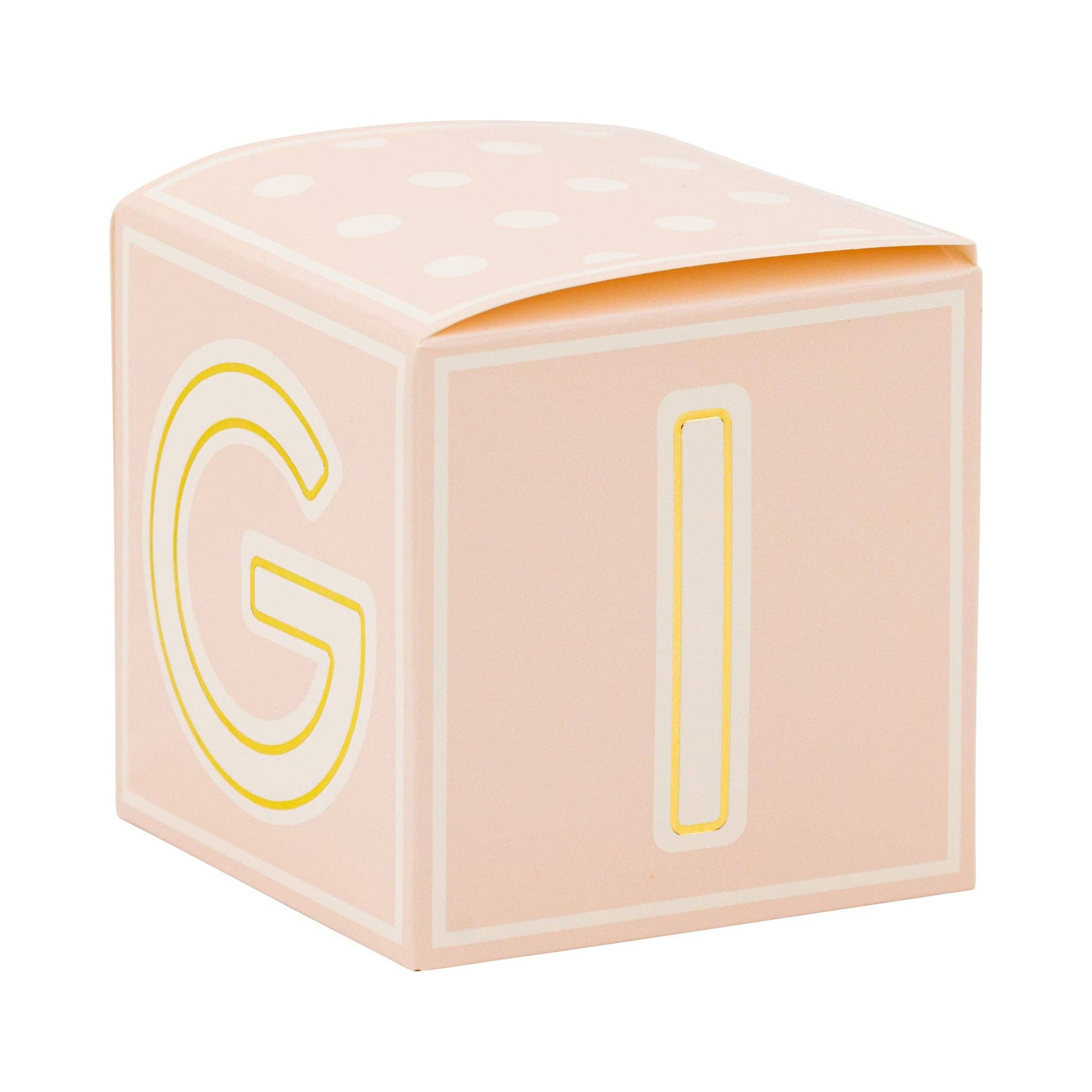 Pink baby block with yellow letters 'G' and 'I' on a white background
