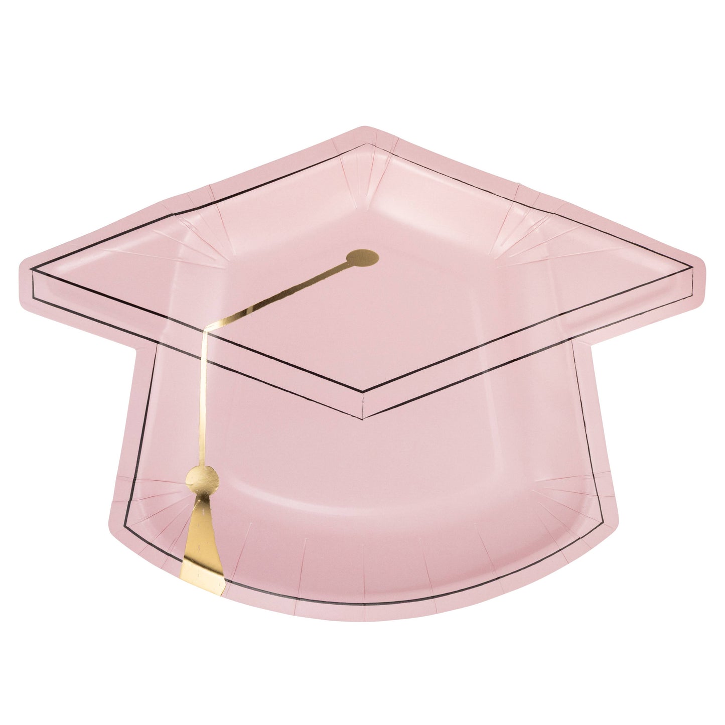Pink graduation cap shaped plate with gold tassel on a white background