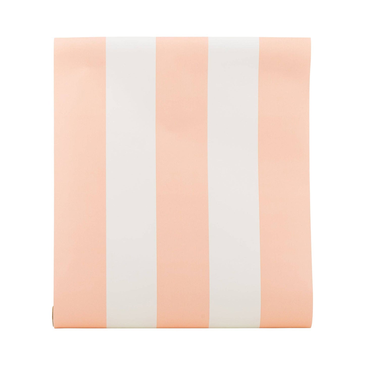 Paper table runner on a roll with pink and white vertical stripes on a white background.