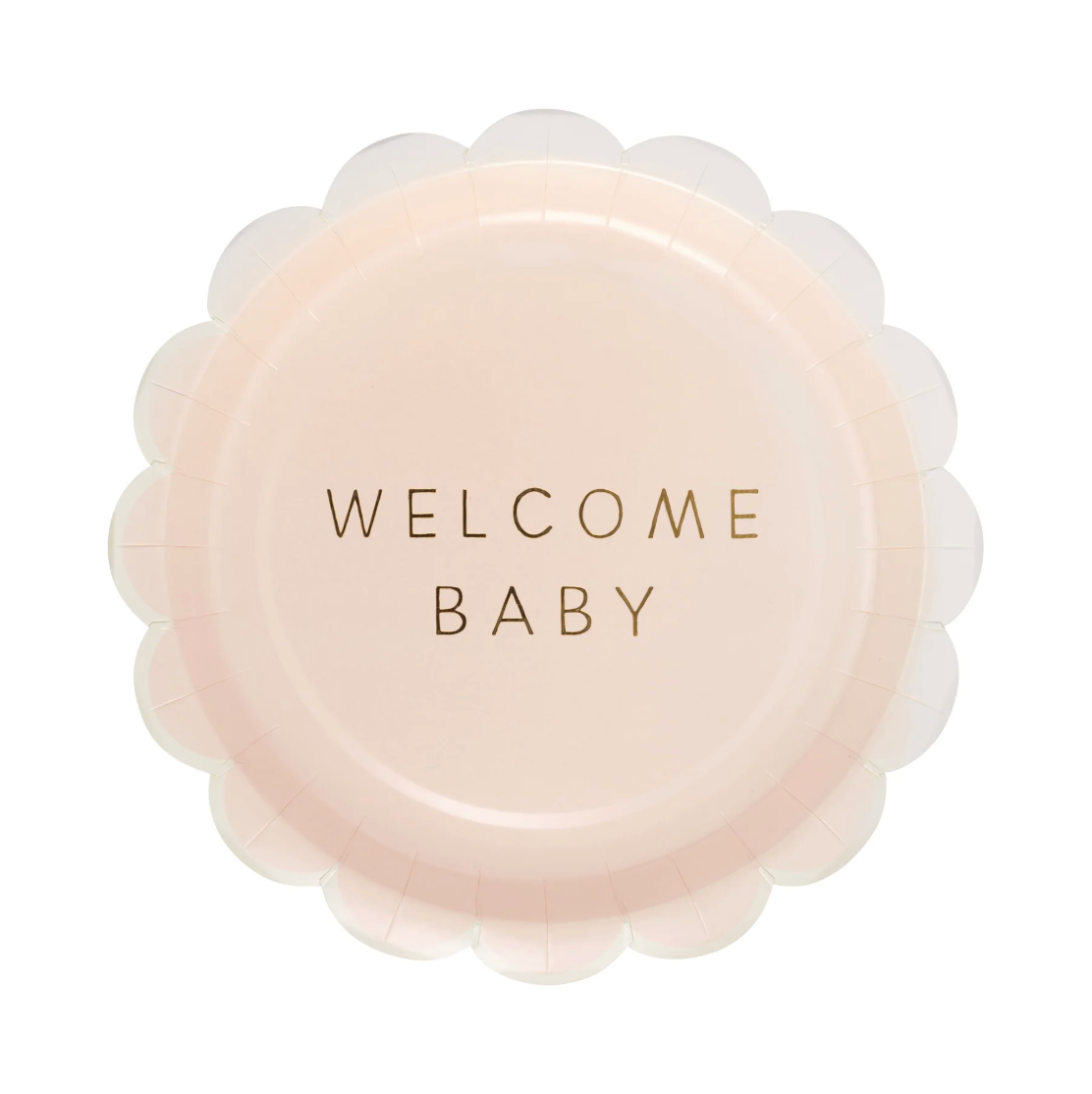 Round pink scalloped paper plate with 'Welcome Baby' gold foil text on a white background.