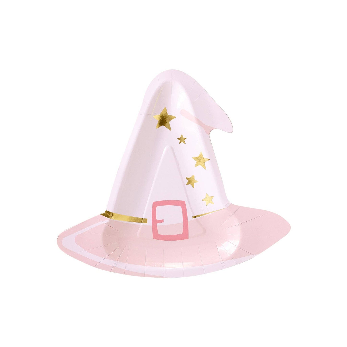 Pink witch hat shaped paper plate with gold stars and a dark pink buckle.