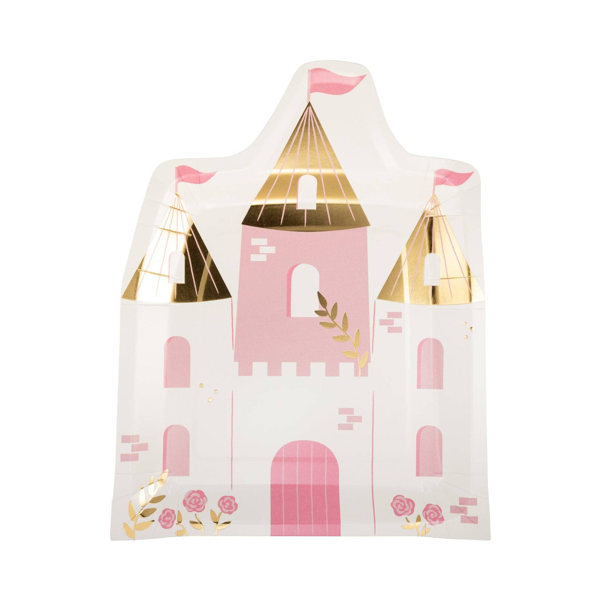 White and pink castle design paper plate on a white background