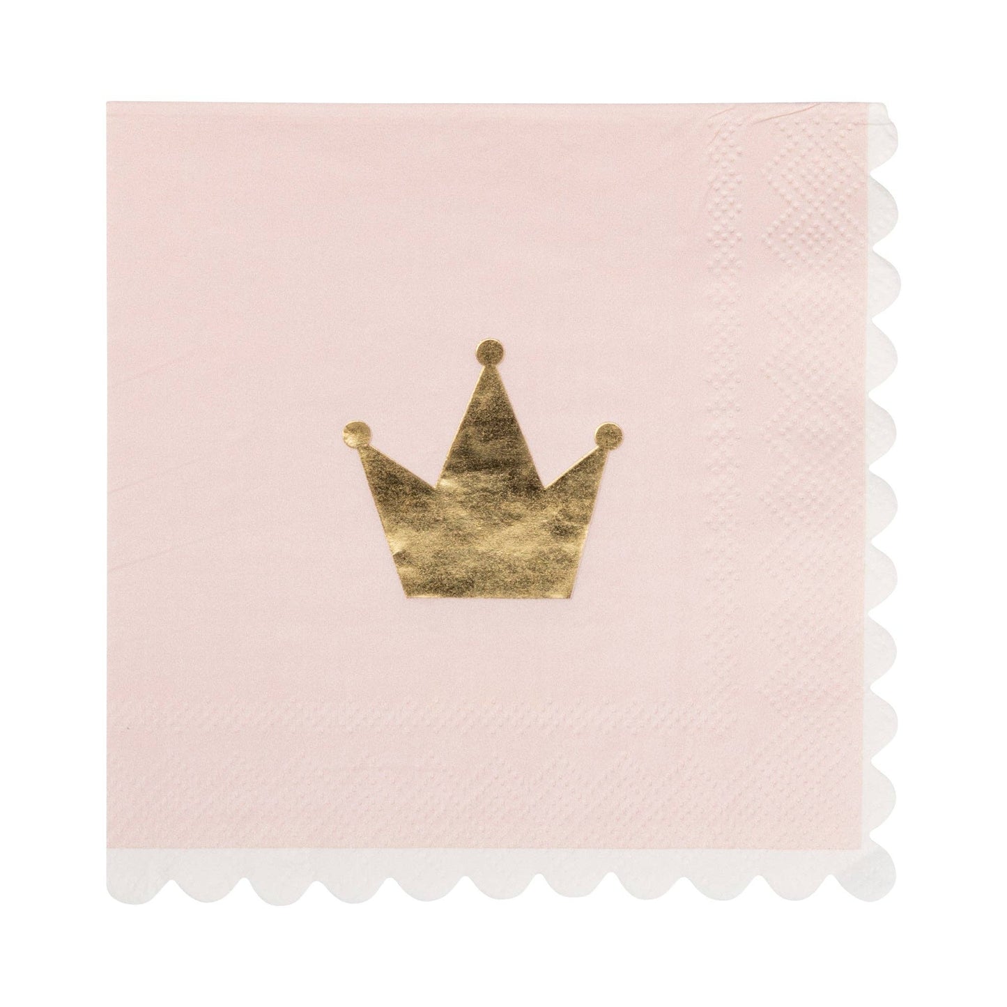 Pink napkin with a gold crown design on a white background