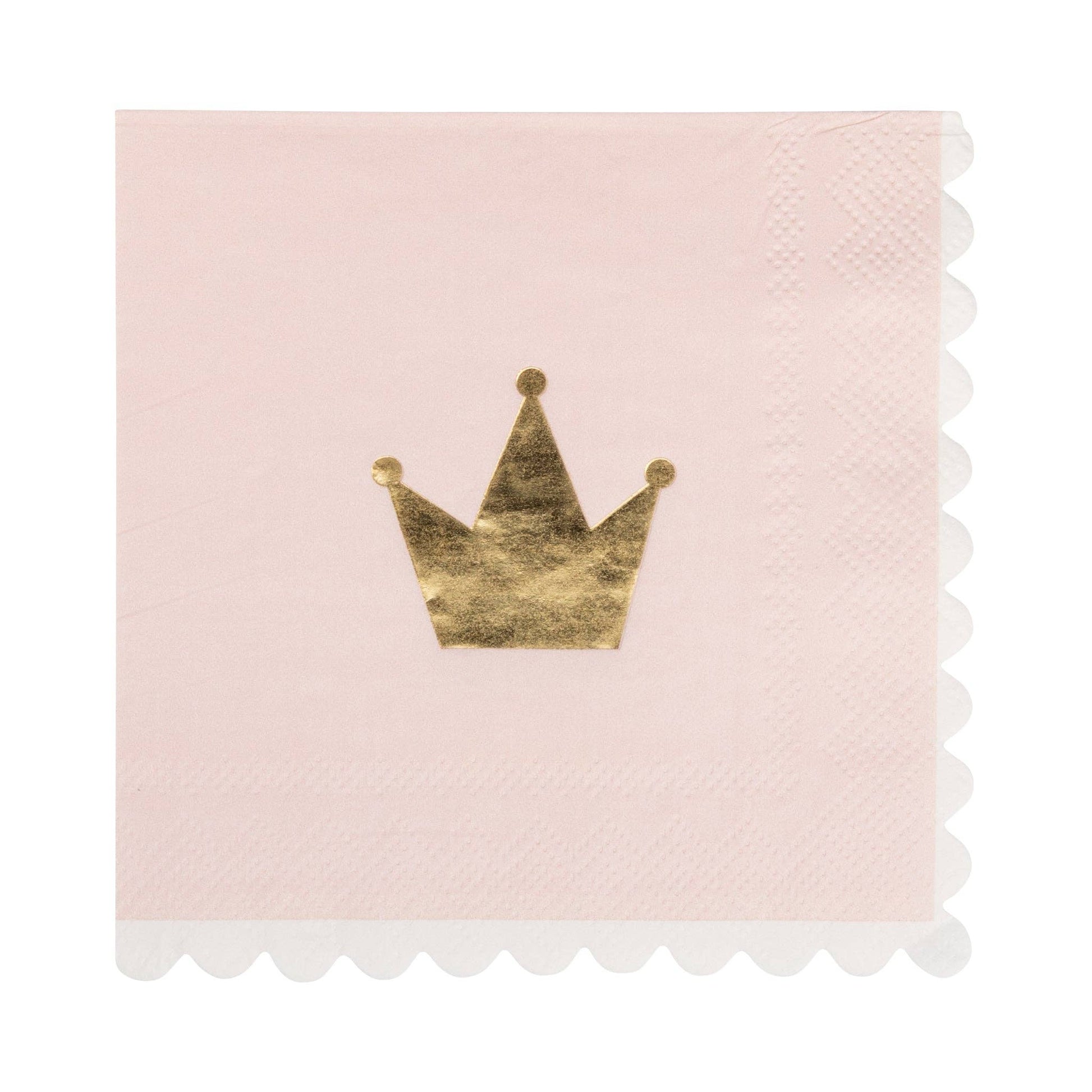 Pink napkin with a gold crown design on a white background