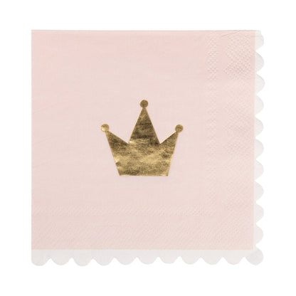 Pink napkin with a gold crown design on a white background