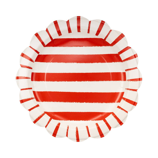 Red and white striped paper plate on a white background
