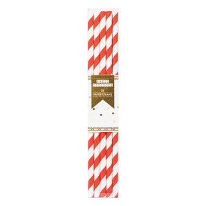 Red and white striped paper straws in a clear package.  Featuring a white and gold foil label notating 25 paper straws included made by Party Partners.