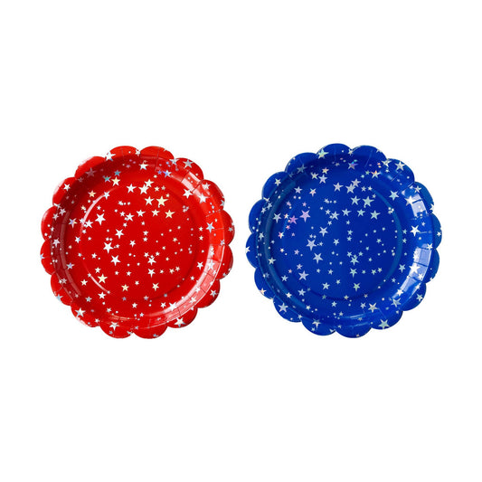 Two paper plates, one red and one blue, with star patterns on a white background.