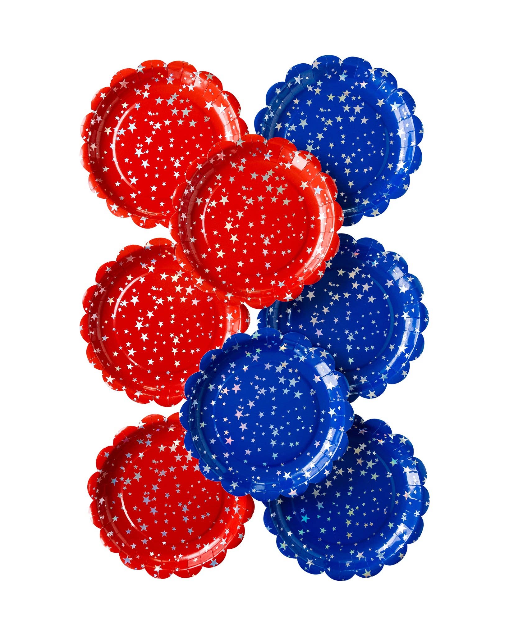 Red and blue paper plates with star patterns on a white background