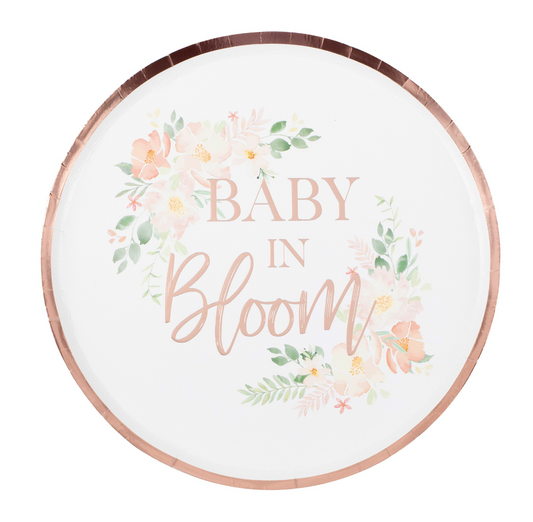 Rose Gold 'Baby In Bloom' Floral Baby Shower Plates - 8pk