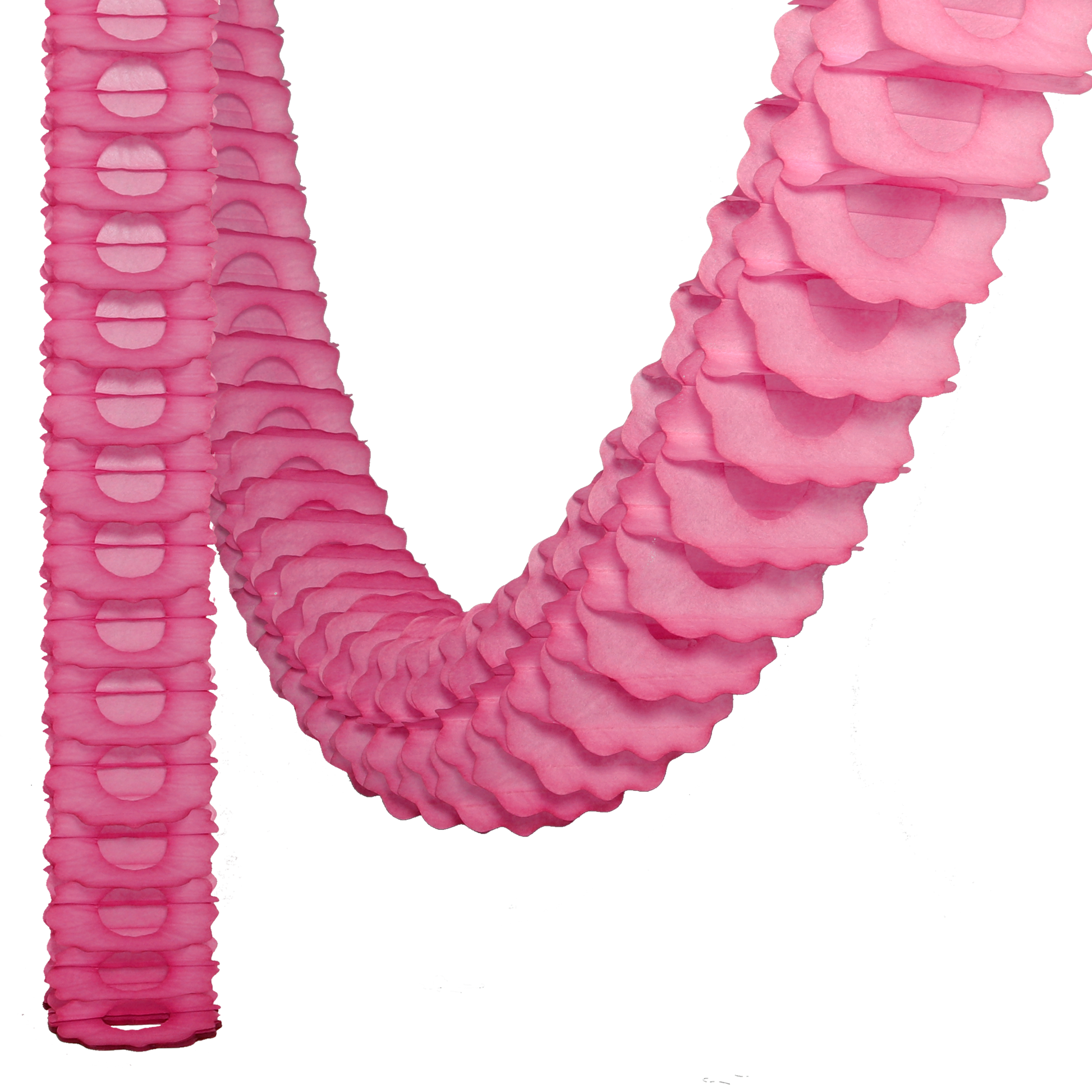 A pink paper garland with intricate scalloped design, coiled and laid out on a white background.