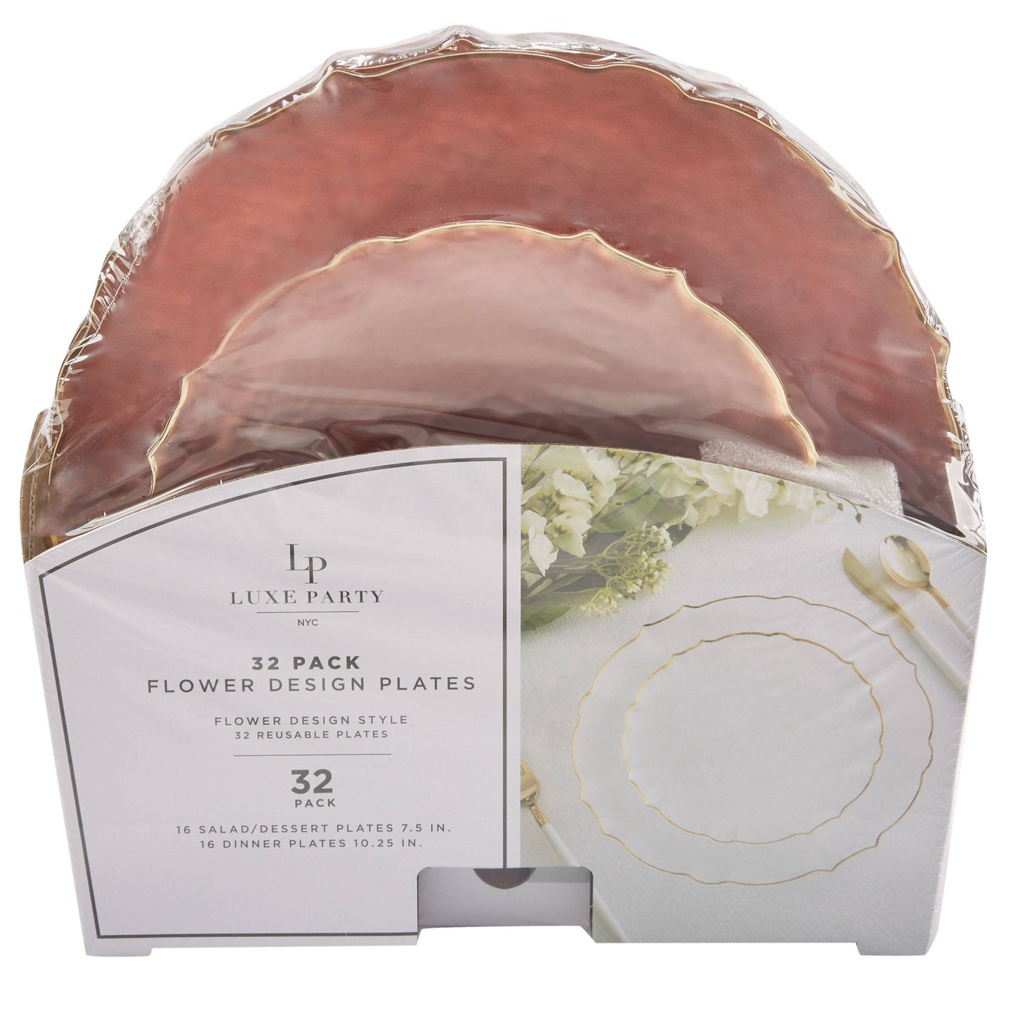Pack of 32 frosted rose and gold plastic dinner and salad plates, presented in a clear plastic packaging with the Luxe Party branding and floral design elements.
