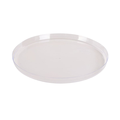A clear, shallow round plastic plate, shown from a top-down angle on a solid white background.