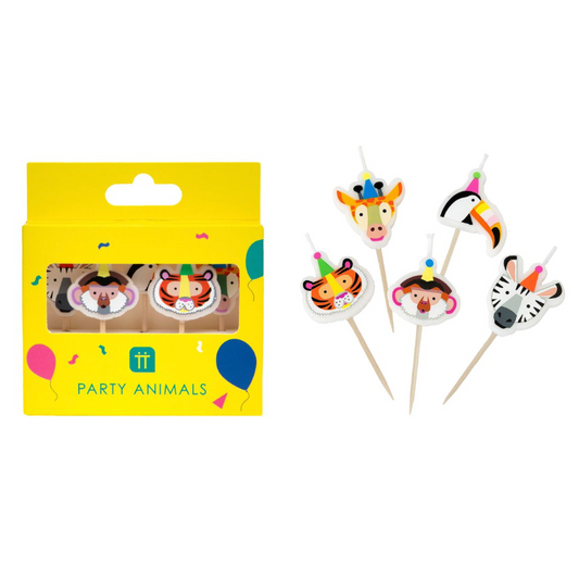 Set of animal-themed cupcake toppers with packaging labeled 'Party Animals' on a white background.