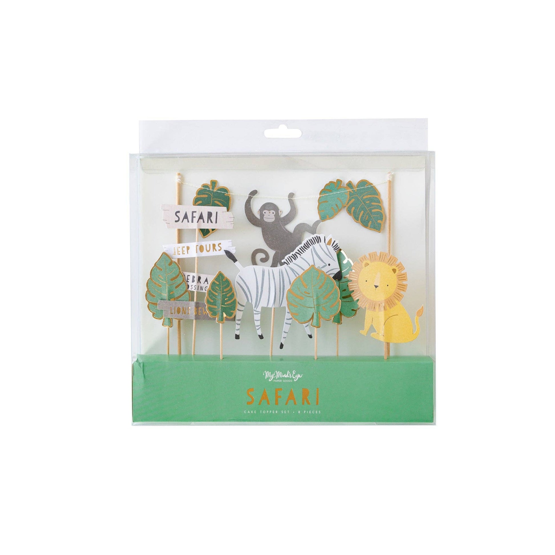 Packaged set of safari-themed party picks with animals and leaves on a white background