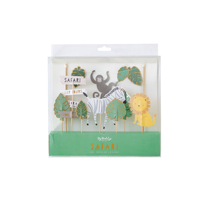Packaged set of safari-themed party picks with animals and leaves on a white background