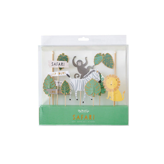 Packaged set of safari-themed party picks with animals and leaves on a white background