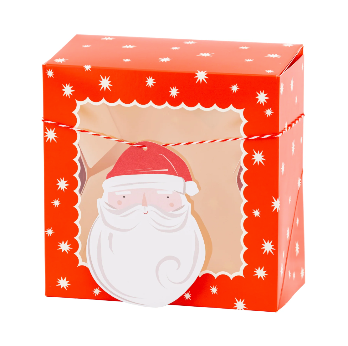 Red gift box with a window featuring a Santa Claus design on a white background
