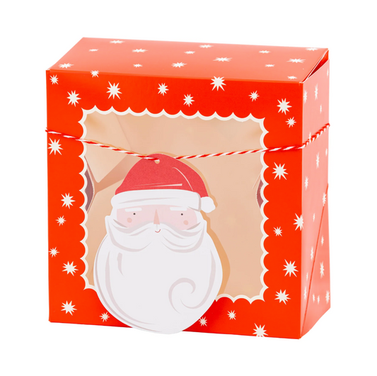 Red gift box with a window featuring a Santa Claus design on a white background