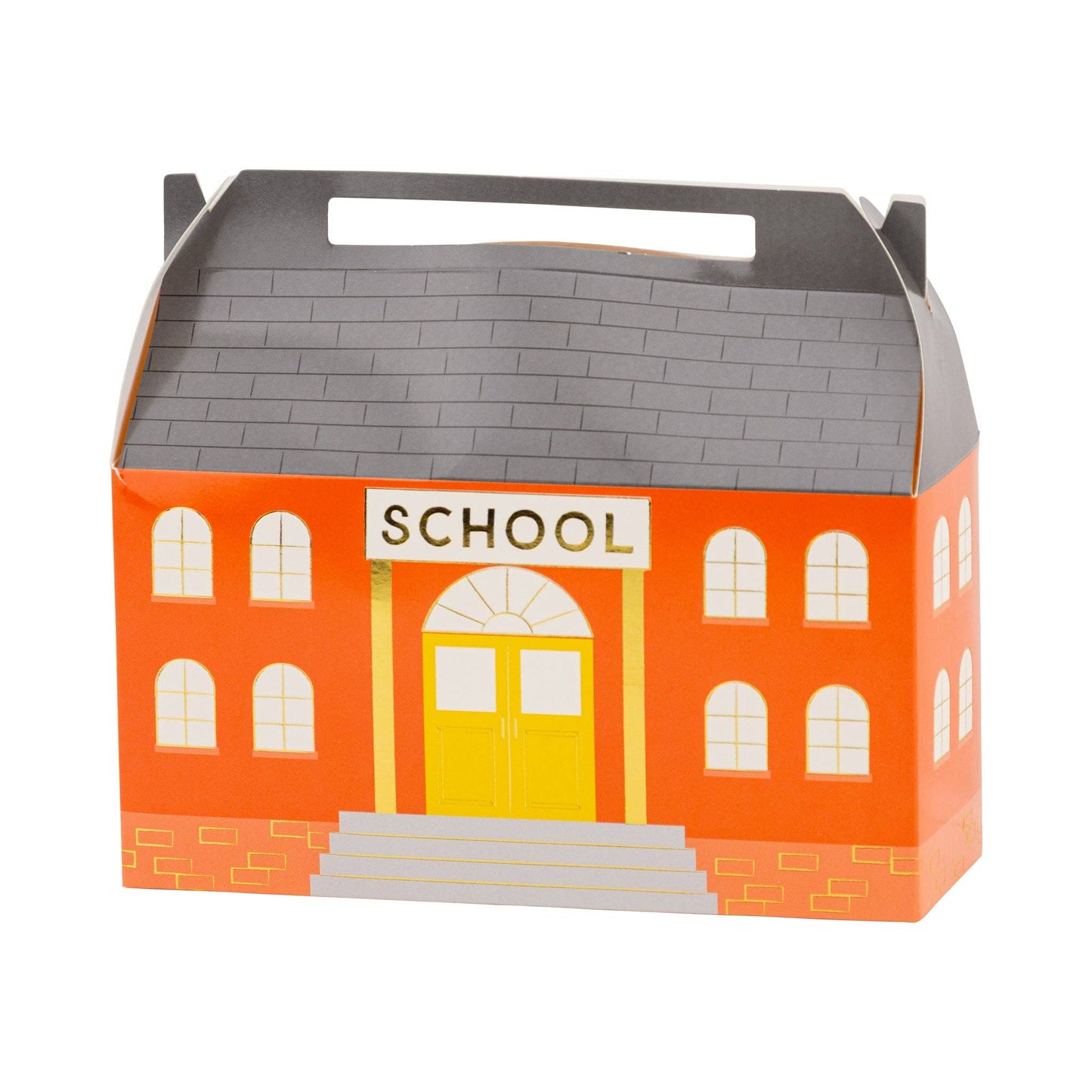 Cardboard box designed like a school house building with a gray roof and reddish-orange body and "SCHOOL" marked over doorway.